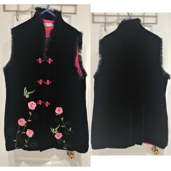 Brand NEW Chinese Style Faux Fur Trim Embroidery Soft Long Vest Size 2X - Picture 1 of 6